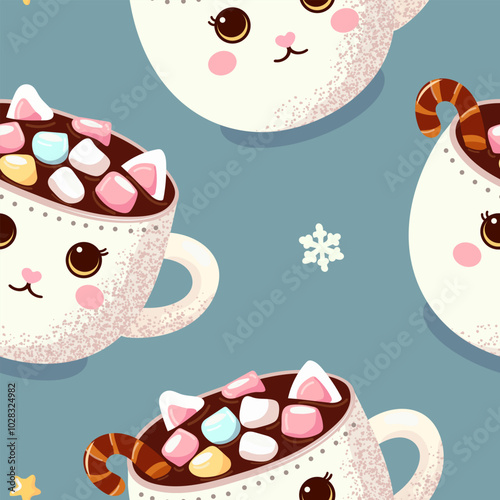 seamless pattern of a mug of cocoa with marshmallows, cinnamon. Festive Christmas drink with sweets. Vector