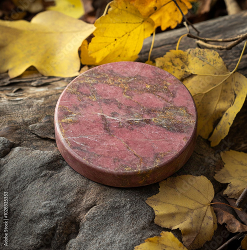 a disk shaped thulite stone against a fallen branch, surrounded by yellow leaves and foliage photo