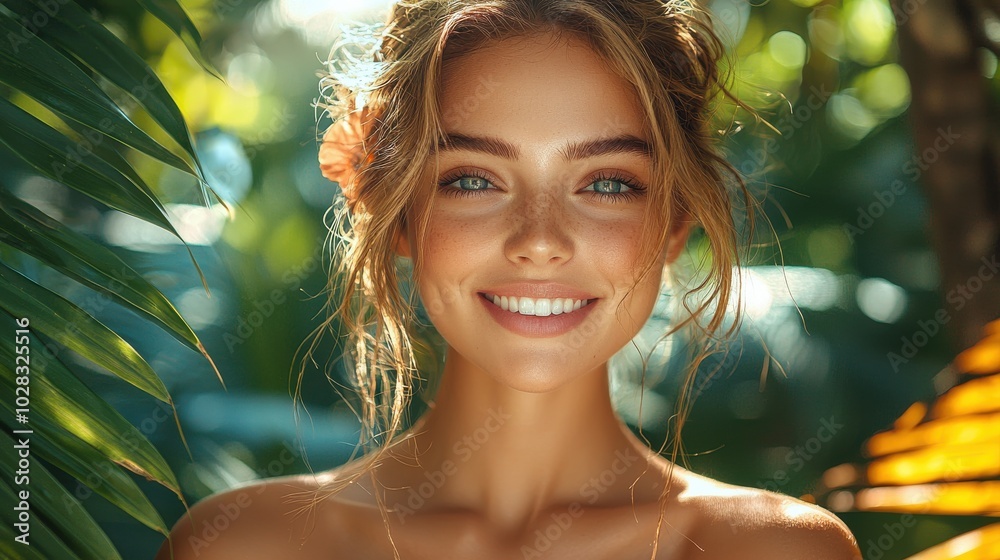 A cheerful young woman enjoying nature in a lush garden filled with vibrant greenery and sunlight A cheerful young woman enjoying nature in a lush garden filled with vibrant greenery and sunlight