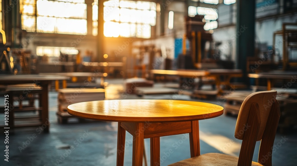 Furniture in a Factory Setting During Sunset With Selective Focus on a Wooden Table and Chair. Generative AI Furniture in a Factory Setting During Sunset With Selective Focus on a Wooden Table and Chair. Generative AI