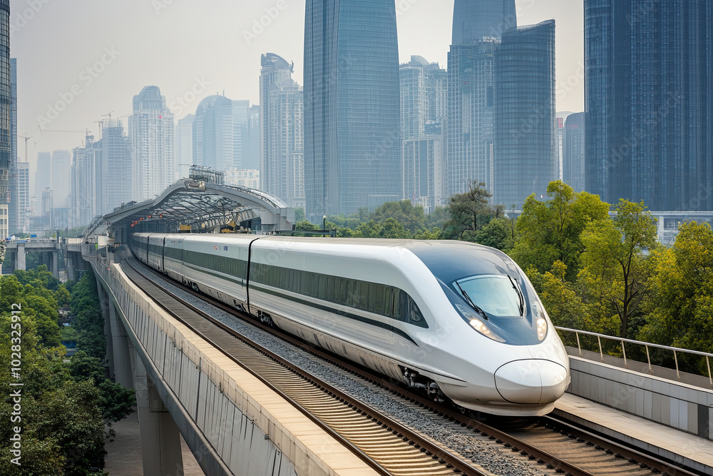Naklejka premium High-speed bullet train gliding through an urban landscape