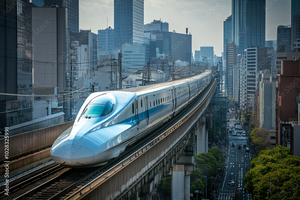 Naklejka premium High-speed bullet train gliding through an urban landscape