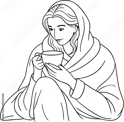 Cozy Woman Wrapped in Blanket, Sipping Coffee Continuous Line Art Illustration on white background.