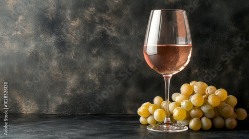 A glass of rosé wine with ripe white grapes, set against a dark background. A still life with ample copy space, capturing the essence of wine drinking.



 photo