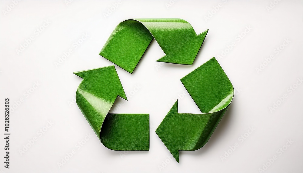 Obraz premium 3D Leaf Textured Green Recycling Arrows Representing Sustainable Waste Management for Eco Friendly Campaigns, Renewable Energy Initiatives, and Environmental Branding