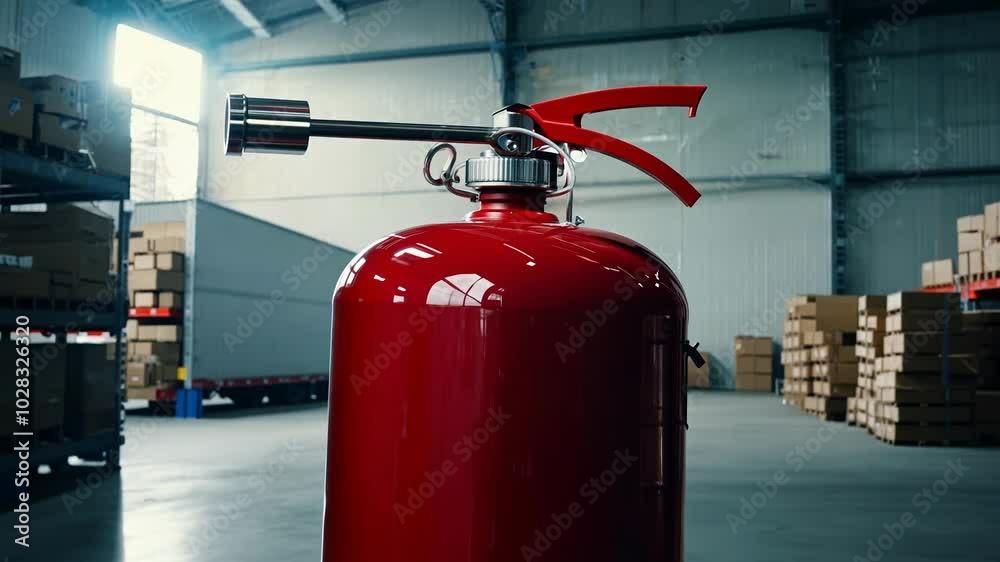 Camera movement and effects: 360-degree video, four-point lighting, establishing scene, side view of a rotating fire extinguisher in an industrial warehouse Camera movement and effects: 360-degree video, four-point lighting, establishing scene, side view of a rotating fire extinguisher in an industrial warehouse