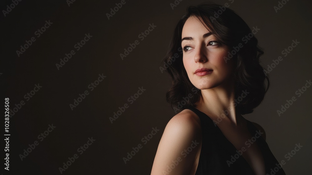 A poised woman gazes thoughtfully to the side, highlighting her elegant features and hairstyle against a softly lit backdrop. A poised woman gazes thoughtfully to the side, highlighting her elegant features and hairstyle against a softly lit backdrop.
