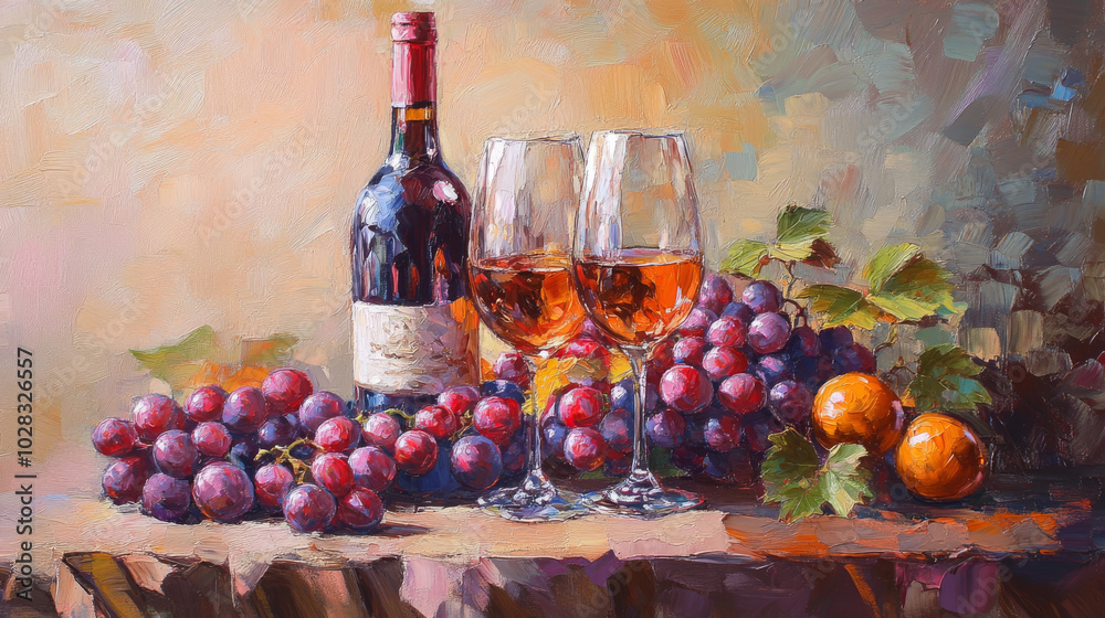 A wine bottle, decanter, glass of red wine, grapes, and an old wooden barrel, with ample copy space.
A wine bottle, decanter, glass of red wine, grapes, and an old wooden barrel, with ample copy space.