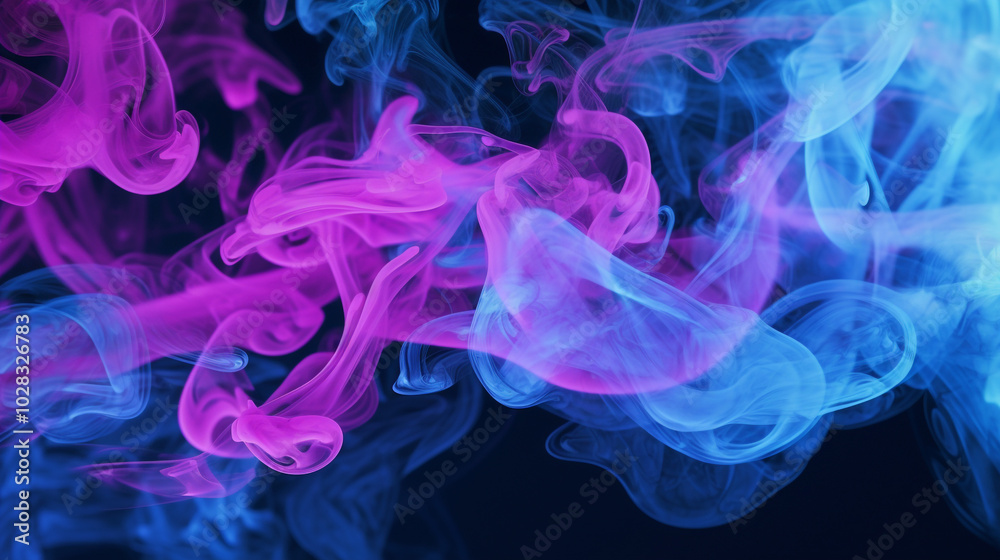 Fototapeta premium Abstract background with purple and blue smoke, flowing waves of color in the air, fluid abstract design, closeup view of swirling mist, light pink and sky blue tones, background blue and purple smoke