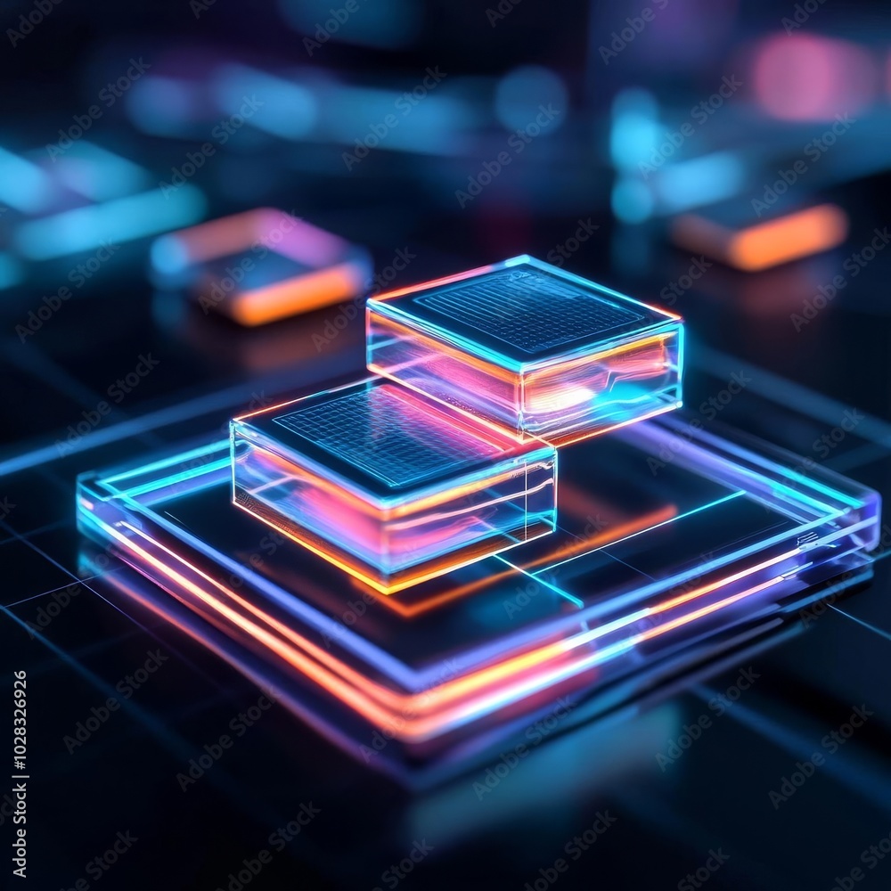 Blockchain innovation, hologram grid, tech ambiance, neon highlights Blockchain innovation, hologram grid, tech ambiance, neon highlights