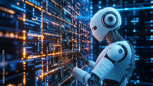 Artificial intelligence (AI) is a powerful technology that uses computers to think and learn like humans. This image shows AI working with data, creating a futuristic vision for the future.