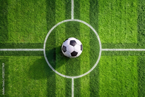 Aerial View of Soccer Field with Ball - Sport and Lifestyle Concept, Perfectly Framed Using Rule of Thirds for Dynamic Composition, Ideal for Sports Photography, Fitness, and Outdoor Activities