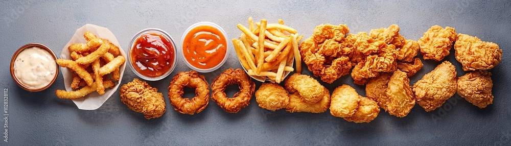 A top view of assorted fried snacks, from onion rings to chicken tenders, displaying golden honey and crispy brown tones on a deep bronze background, offering copy space for additional elements. A top view of assorted fried snacks, from onion rings to chicken tenders, displaying golden honey and crispy brown tones on a deep bronze background, offering copy space for additional elements.