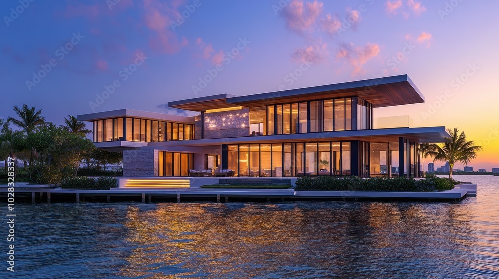 modern luxurious home sits on the waterfront at dusk, showcasing its sleek design and expansive views. modern luxurious home sits on the waterfront at dusk, showcasing its sleek design and expansive views.