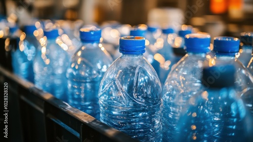 Plastic Bottles Lined up in a Factory Setting With a Focus on the Production Process. Generative AI