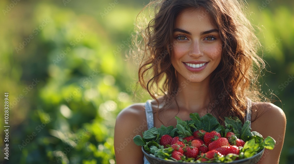 Young woman smiling while holding a bowl of fresh strawberries in a vibrant sunlit garden on a summer day Young woman smiling while holding a bowl of fresh strawberries in a vibrant sunlit garden on a summer day