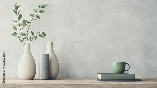 Wallpaper Mural A minimalistic Scandinavian design featuring half-open apple tree branches in a white fluted vase. A small vase with a dried eucalyptus branch and two cups of coffee on a tray sit atop the table.



 Torontodigital.ca