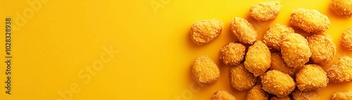 A top view of golden-fried chicken nuggets, with warm amber and deep bronze tones, set against a golden honey background offering copy space for text or branding.