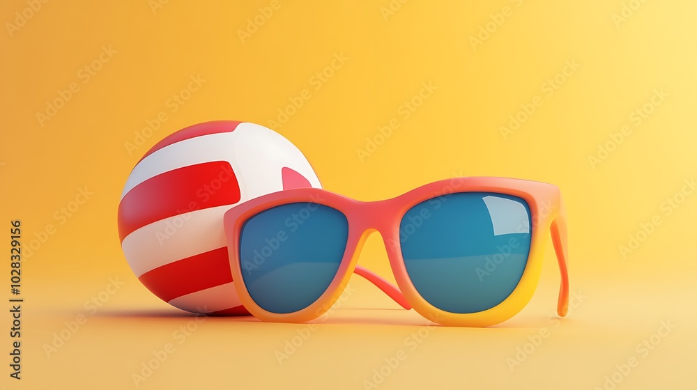 Colorful Sunglasses and Beach Ball on a Yellow Background Colorful Sunglasses and Beach Ball on a Yellow Background
