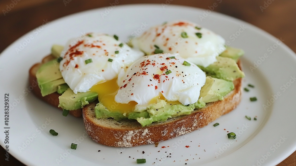 Fresh avocado toast with poached eggs and a sprinkle Fresh avocado toast with poached eggs and a sprinkle