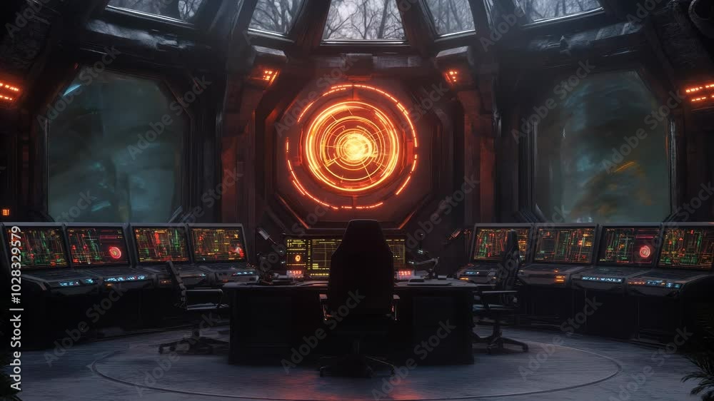 Futuristic command center with advanced technology and control panels, science fiction setting