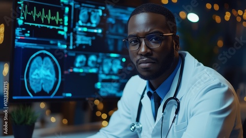 African American doctor in virtual telemedicine conference with medical analysts, Generative AI