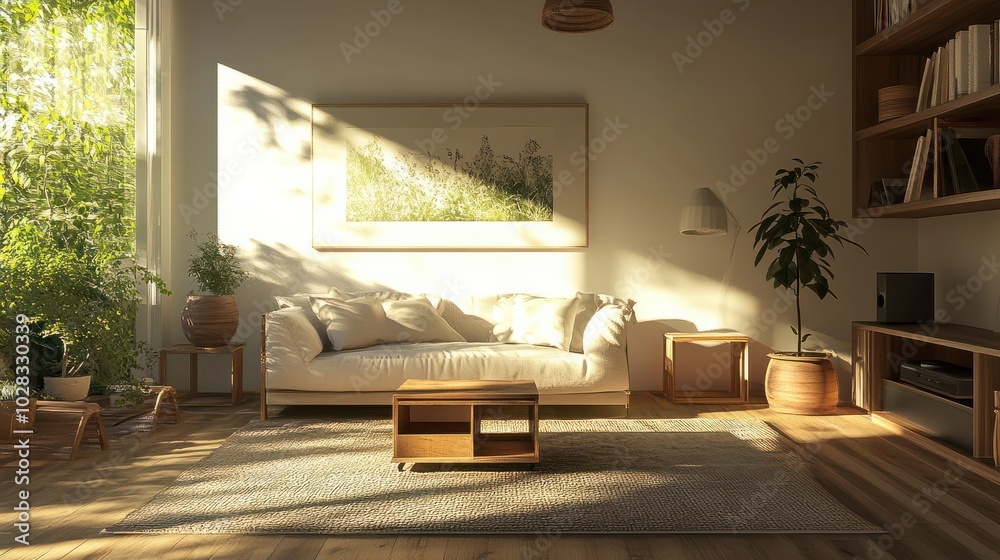 Modern Scandinavian home interior design characterized by an elegant living room featuring a comfortable sofa, mid century furniture, cozy carpet, wooden floor, white walls, and home plants. Modern Scandinavian home interior design characterized by an elegant living room featuring a comfortable sofa, mid century furniture, cozy carpet, wooden floor, white walls, and home plants.