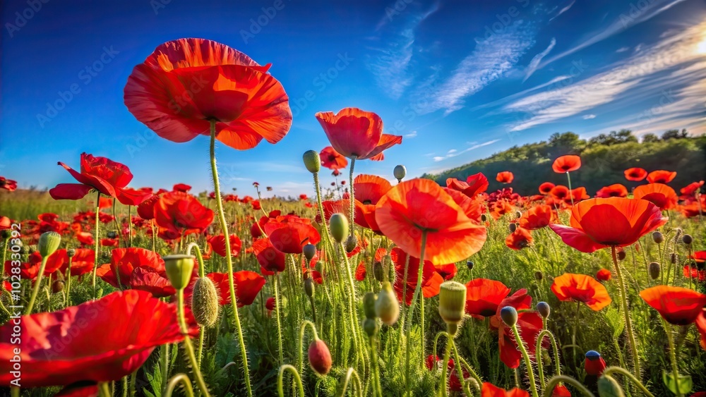 Obraz premium A vibrant field of red poppies in bloom under a cloudless blue sky