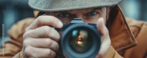 Obraz na płótnie Private Detective Photographing With Slr Camera, Generative AI w salonie