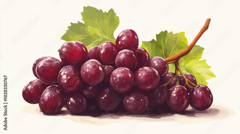 Obraz premium Ripe red grapes with leaves, isolated on a white background.