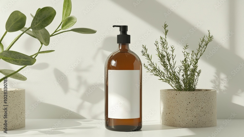 Brown bottle with plants, minimalistic decor. Brown bottle with plants, minimalistic decor.