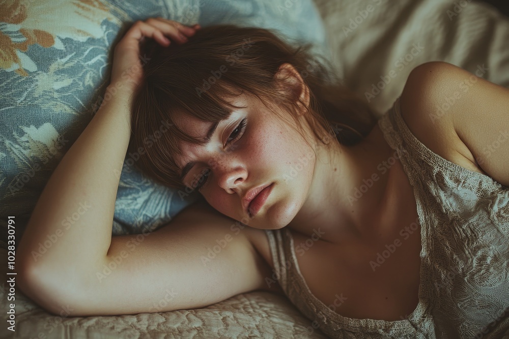 Sad Woman Lying On Bed, Generative AI