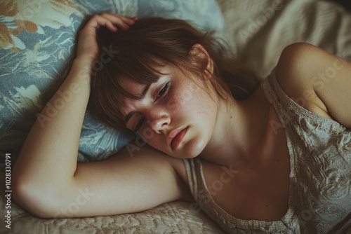 Obraz na płótnie Sad Woman Lying On Bed, Generative AI w salonie