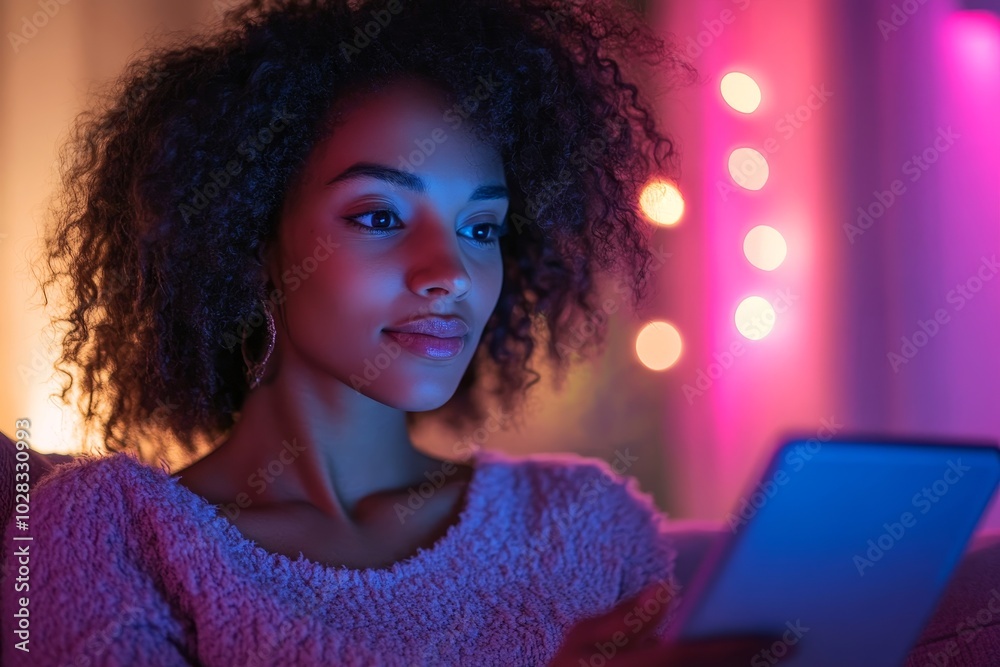 Woman Watching TV Through Tablet Television, Generative AI Woman Watching TV Through Tablet Television, Generative AI