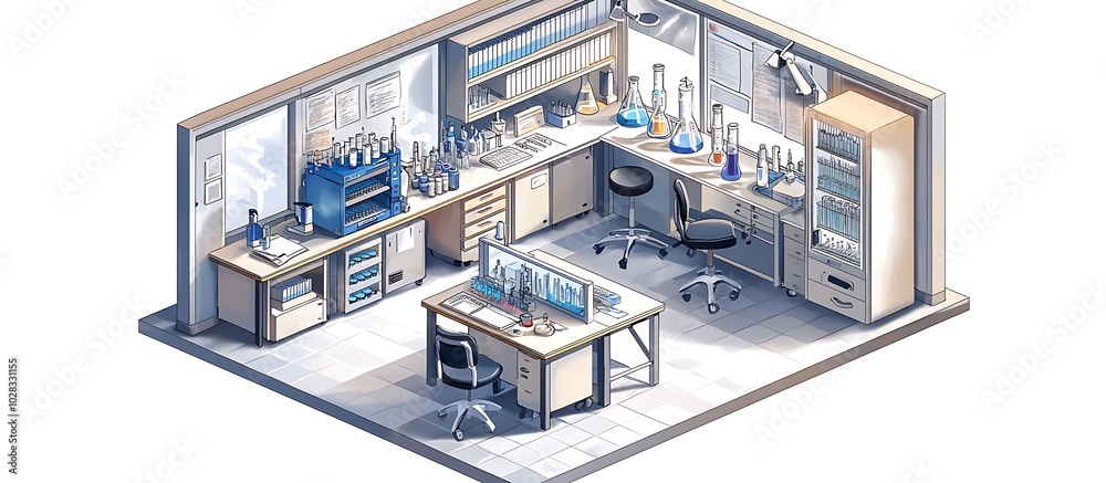 Naklejka premium Isometric portrayal of a chemical lab focused on molecular biology research.