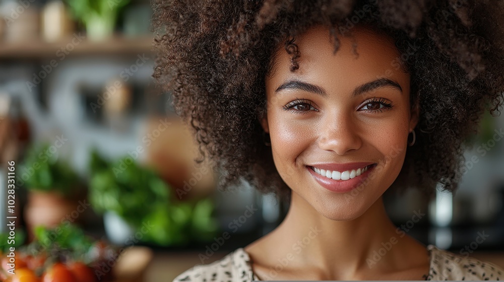A smiling young woman stands in a vibrant kitchen filled with fresh vegetables, showcasing natural beauty and joy during daylight hours A smiling young woman stands in a vibrant kitchen filled with fresh vegetables, showcasing natural beauty and joy during daylight hours