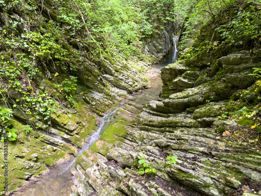 The river runs along the rocky cliffs in the mountains The river runs along the rocky cliffs in the mountains