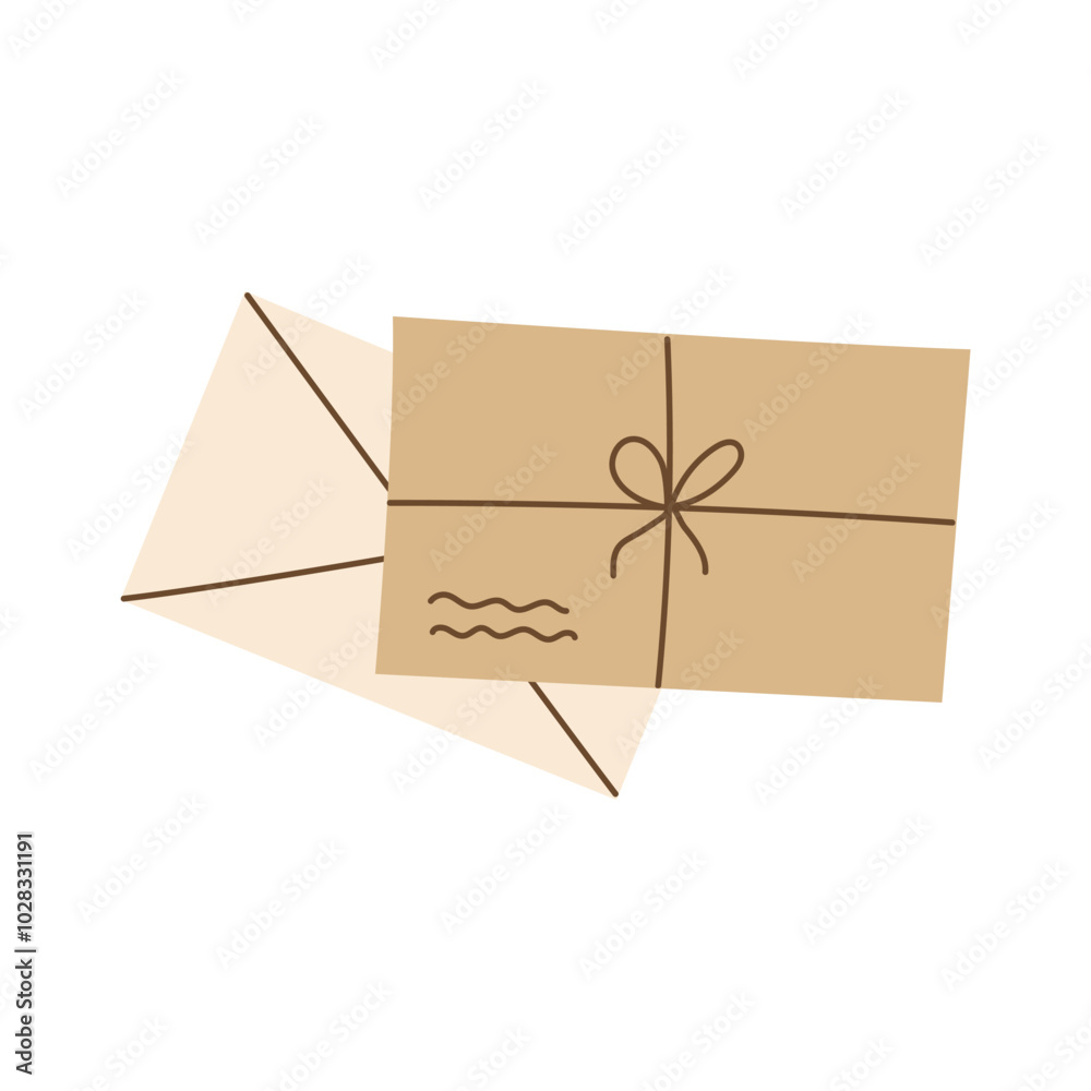 Envelope with a bow. Paper letter in brown Kraft envelope. Flat vector illustration isolated on white background