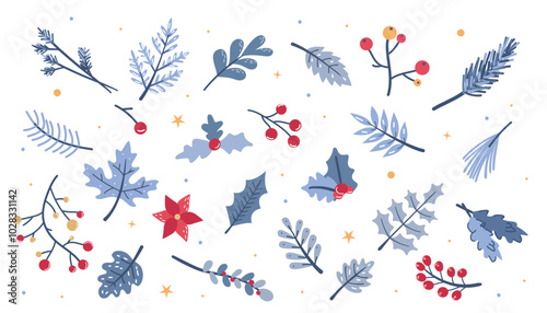 Christmas and New Year hand drawn doodle vector set with holly, mistletoe, fir branches, berries, snowflakes, Set of hand drawn winter plants. Vector illustration in flat style.