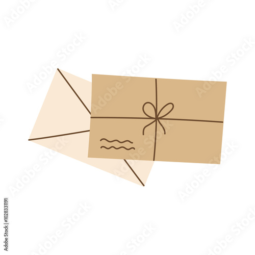 Envelope with a bow. Paper letter in brown Kraft envelope. Flat vector illustration isolated on white background