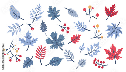 Christmas and New Year hand drawn doodle vector set with holly, mistletoe, fir branches, berries, snowflakes, Set of hand drawn winter plants. Vector illustration in flat style.