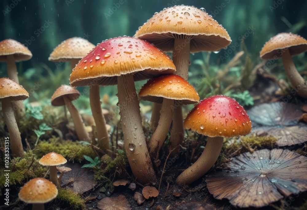 Close-up of mushrooms with raindrops on them Close-up of mushrooms with raindrops on them