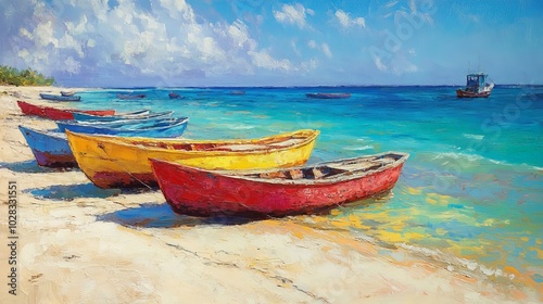A Caribbean beach with colorful fishing boats resting on the sand, their hulls painted in bright hues of red, yellow, and blue. The water sparkles in the midday sun, inviting a dip