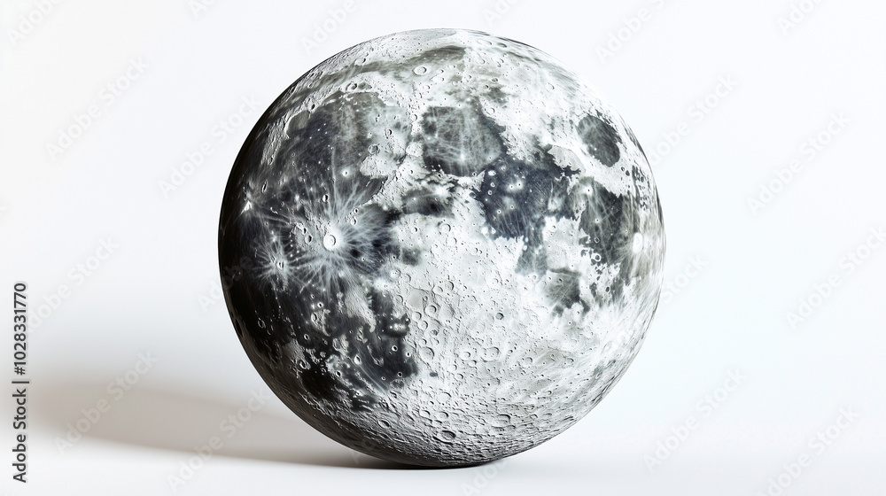 A photograph of the moon with a detailed surface showing craters and light areas. Set against a white background, highlighting the satellite's texture A photograph of the moon with a detailed surface showing craters and light areas. Set against a white background, highlighting the satellite's texture