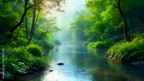 Serene River Through the Forest: A tranquil river winds its way through a lush, verdant forest, bathed in the golden light of dawn. The mist hangs heavy in the air.