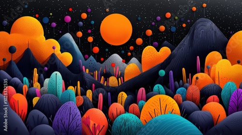 Colorful abstract landscape with vibrant shapes. photo