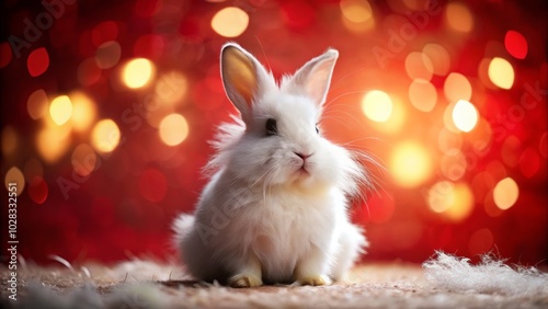 Charming White Bunny Portrait on Festive Red Background with Bokeh Effect for Easter Celebrations, Ideal for Seasonal Decor and Greeting Cards