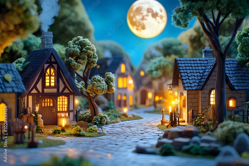 Fototapeta premium A dark and eerie fantasy village with the full moon shining in the sky, with neon light accents