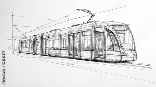Pencil sketch of a tram, highlighting its classic, elongated design with details such as windows, doors, and tracks.
