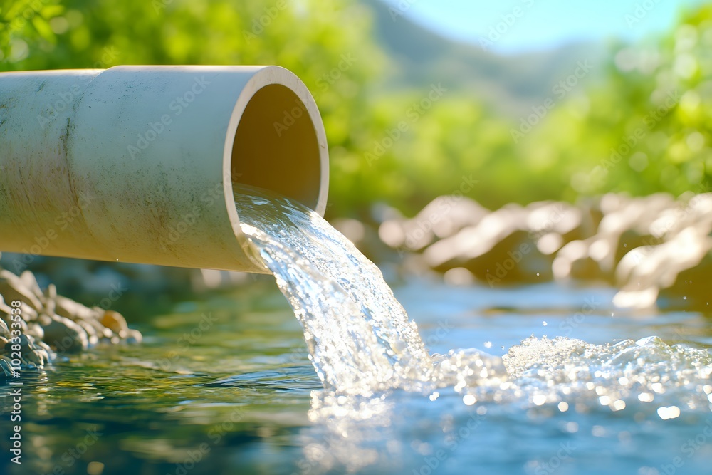 A pipe with water pouring out of it into the river, with ambient lighting A pipe with water pouring out of it into the river, with ambient lighting